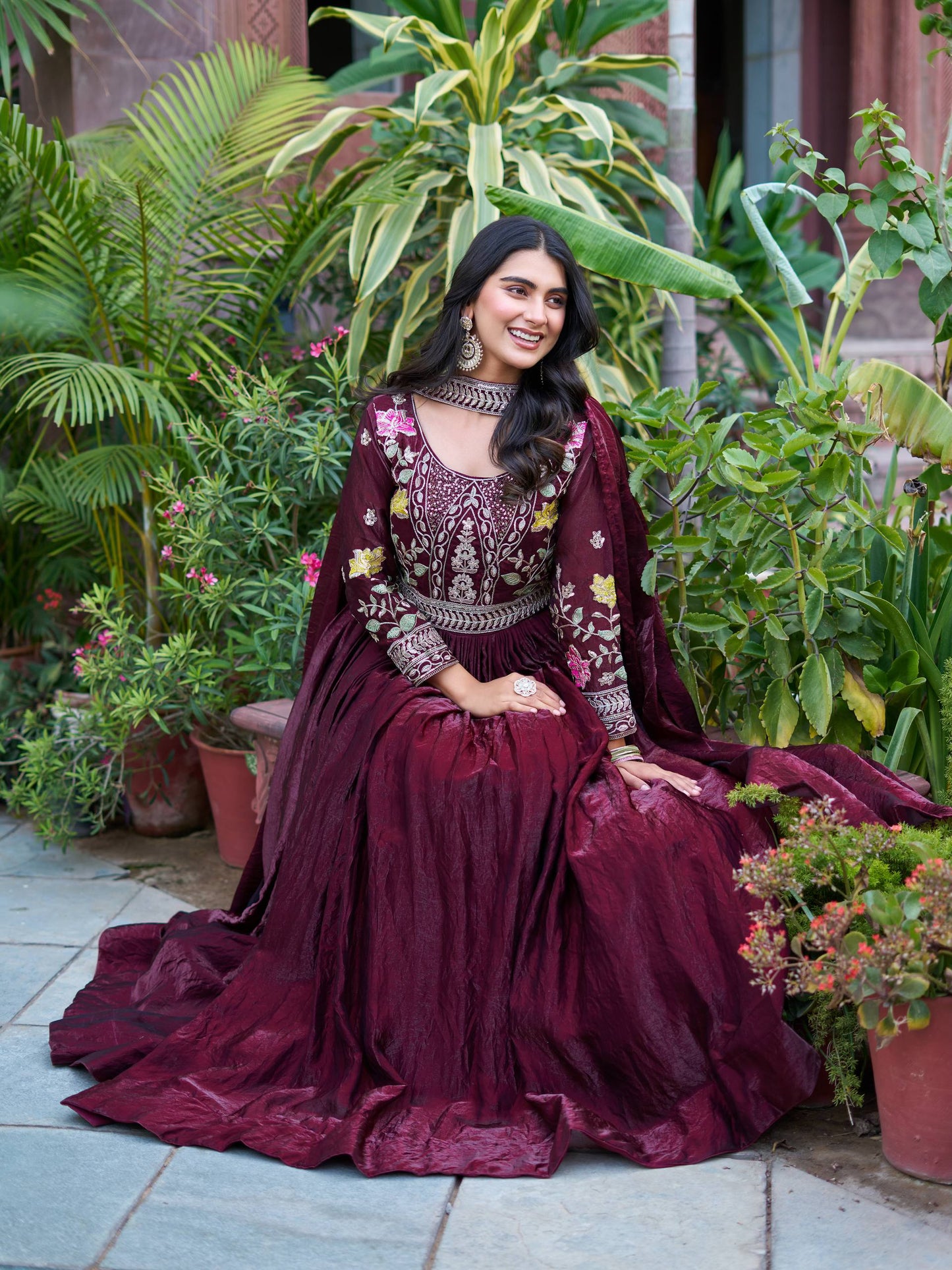 Maroon Silk Festive Long Gown & Dupatta