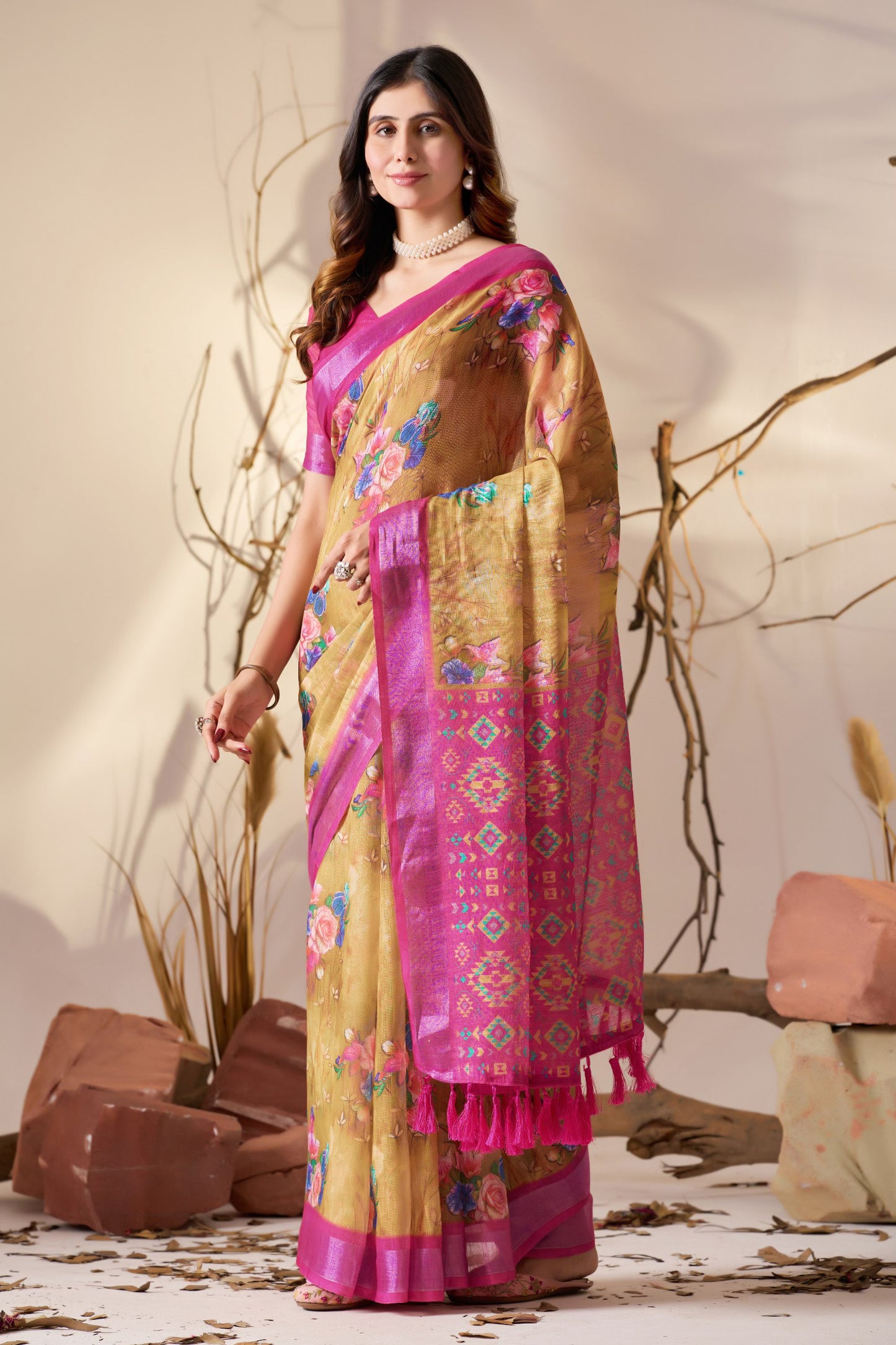 Graceful Digital Floral Print & Rich Patola Inspired Premium Linen Cotton Saree