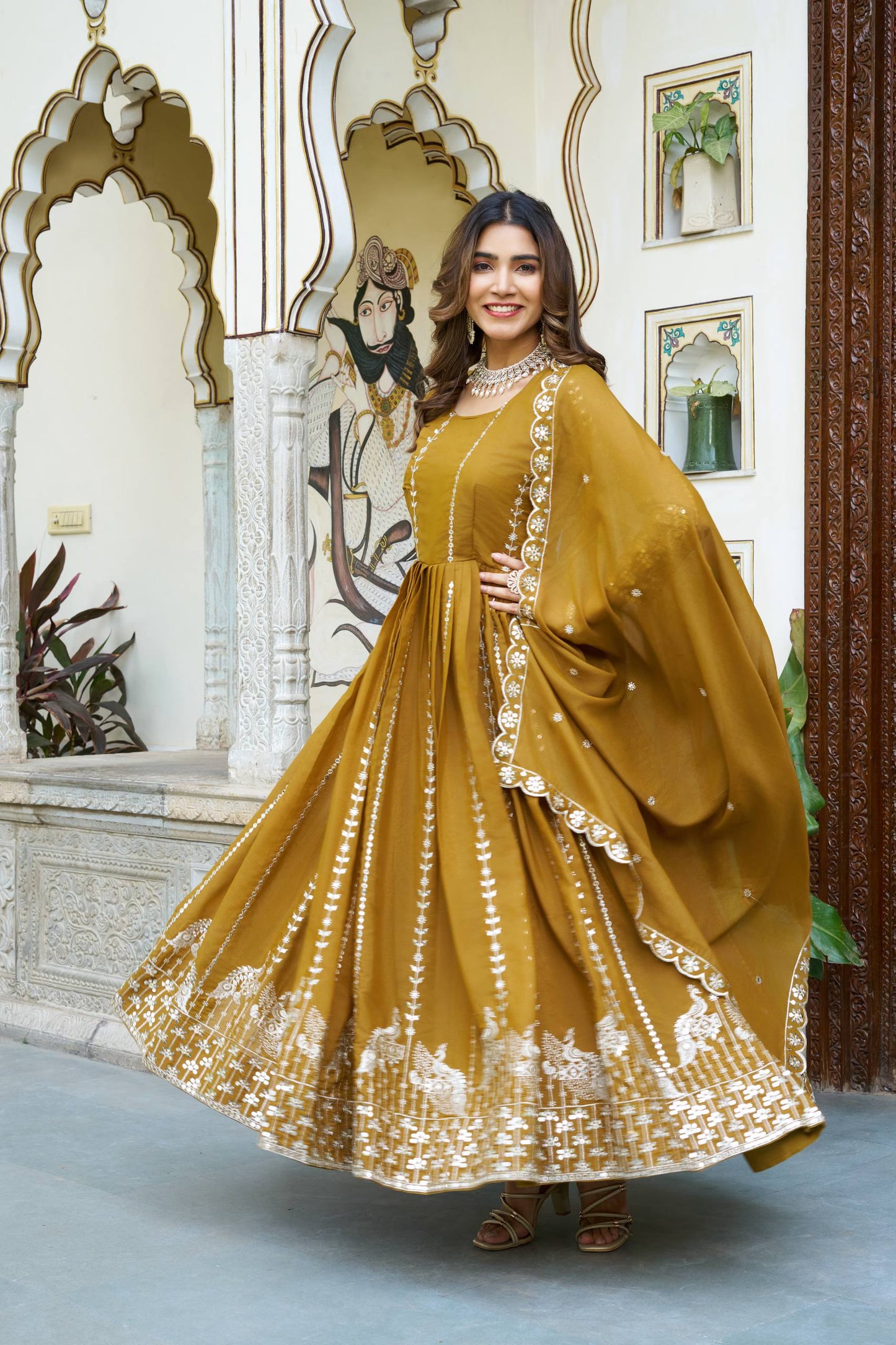 Anarkali Set with Dupatta in Mustard Yellow Color