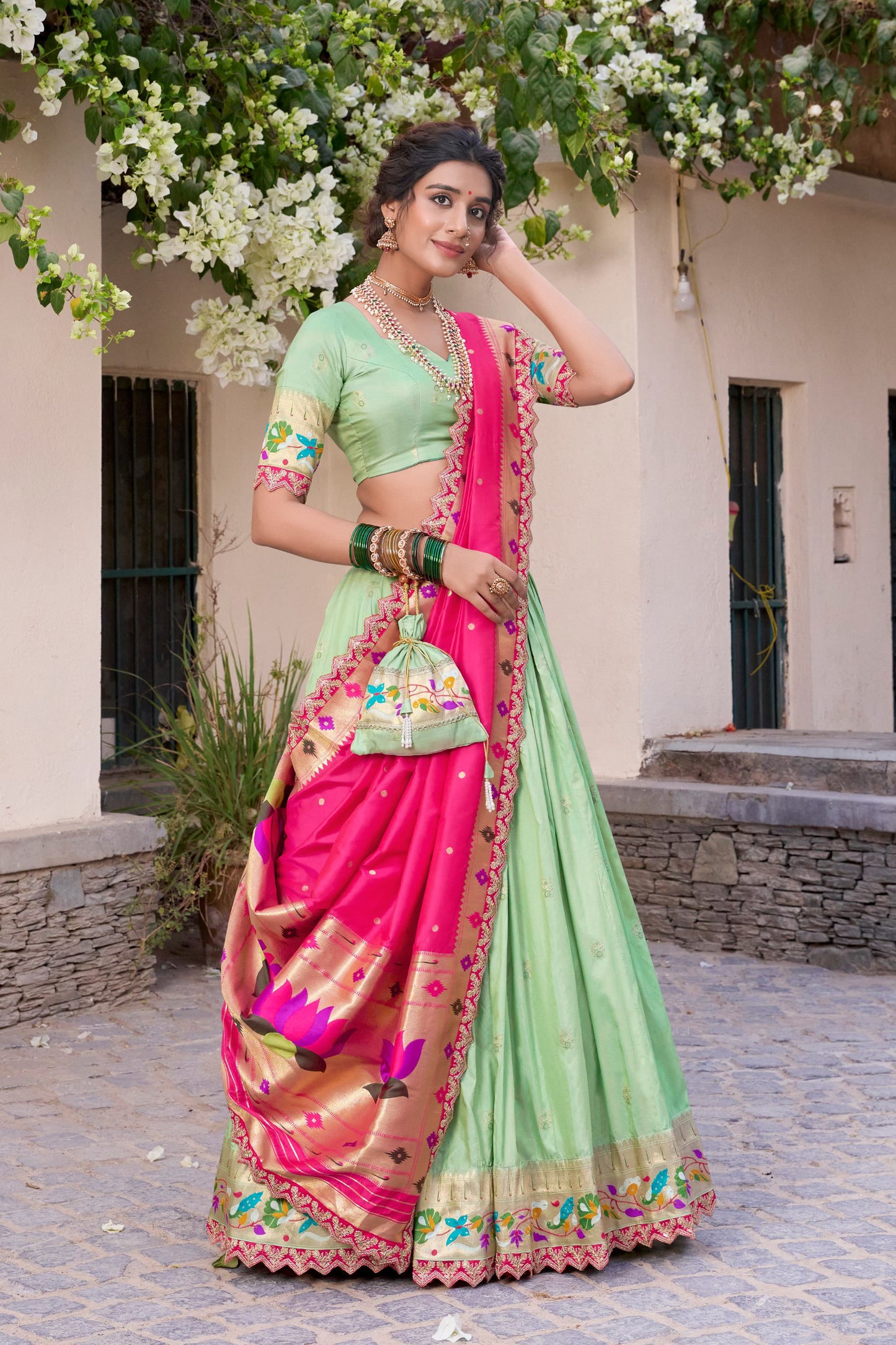 Mint Green Jacuard Silk Paithani Lehenga Choli