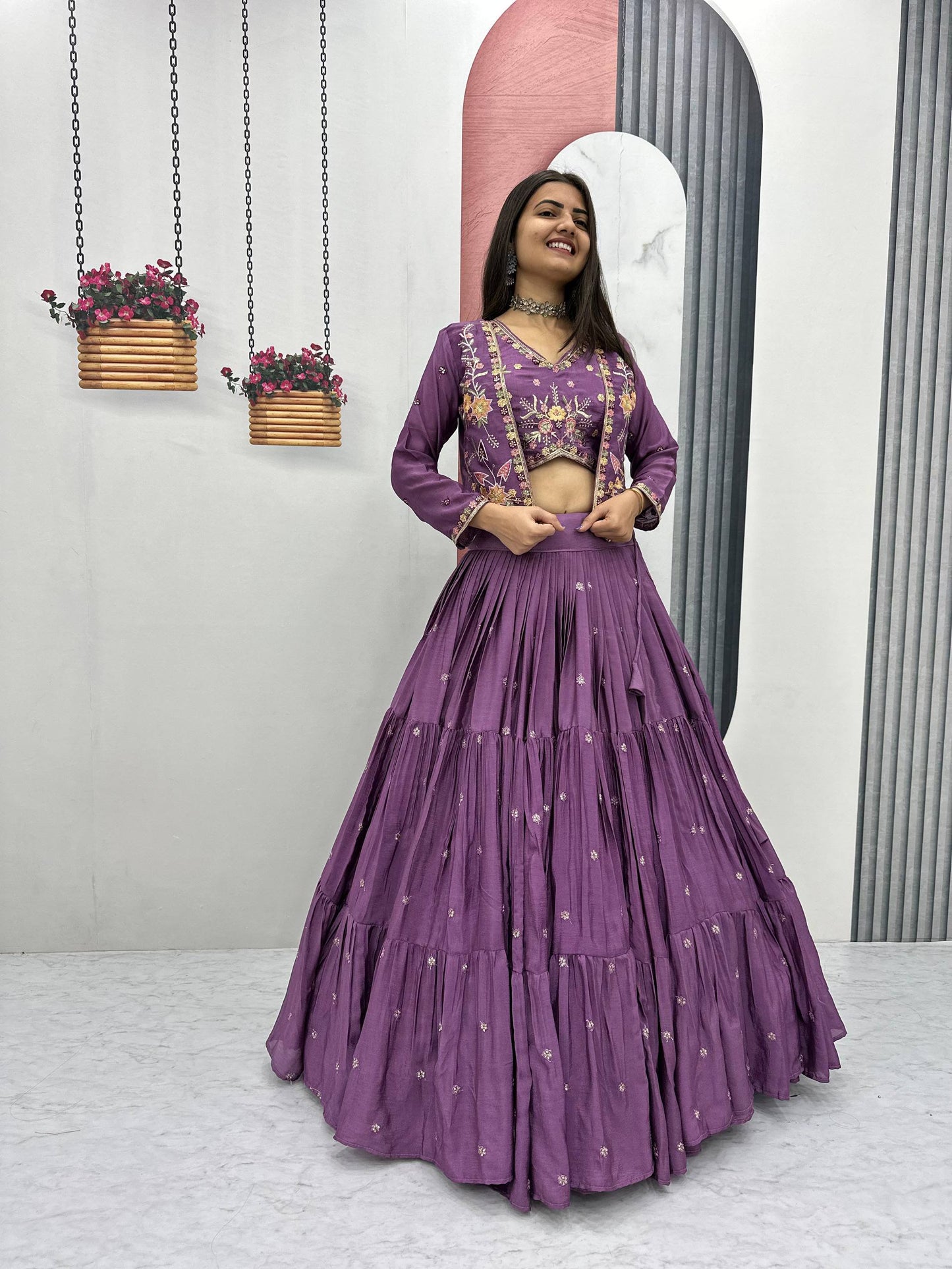 Purple Embroidered Lehenga choli with Jacket