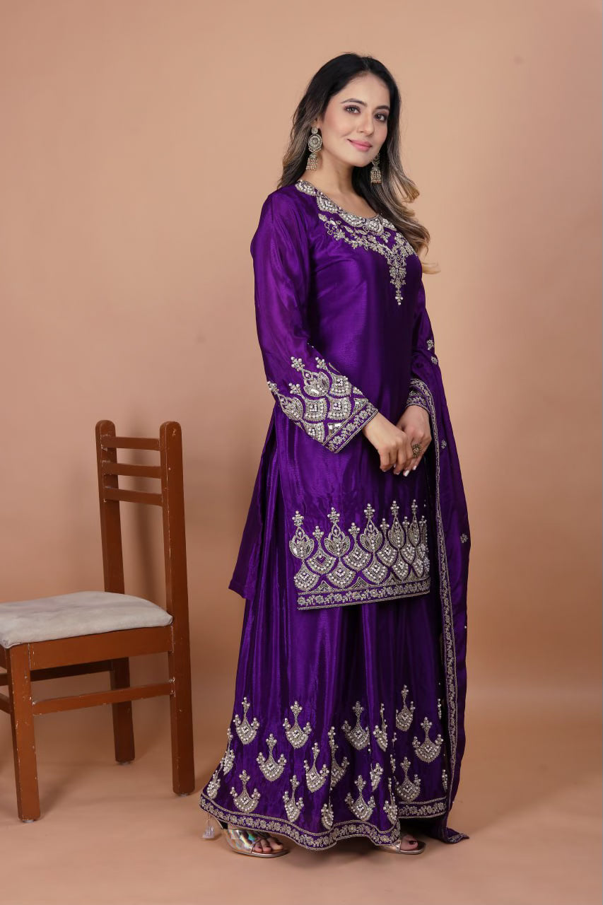 Designer Embroidered Chinon Sharara Suit With Coding Sequence Embroidered Work And Rivet Moti Work