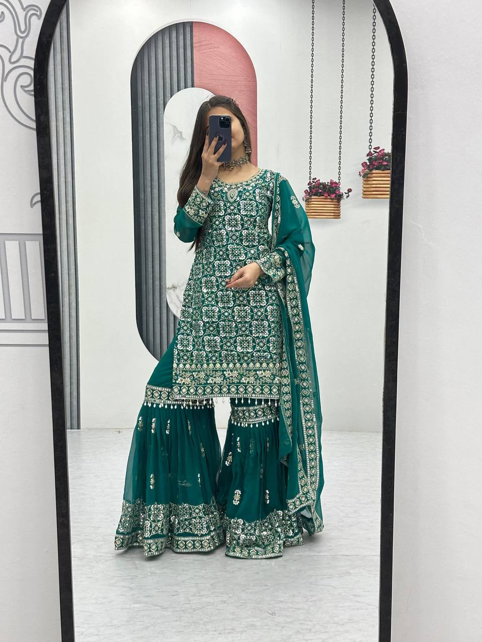 Aqua Green Designer Party Wear Tunic Sharara & Dupatta Set