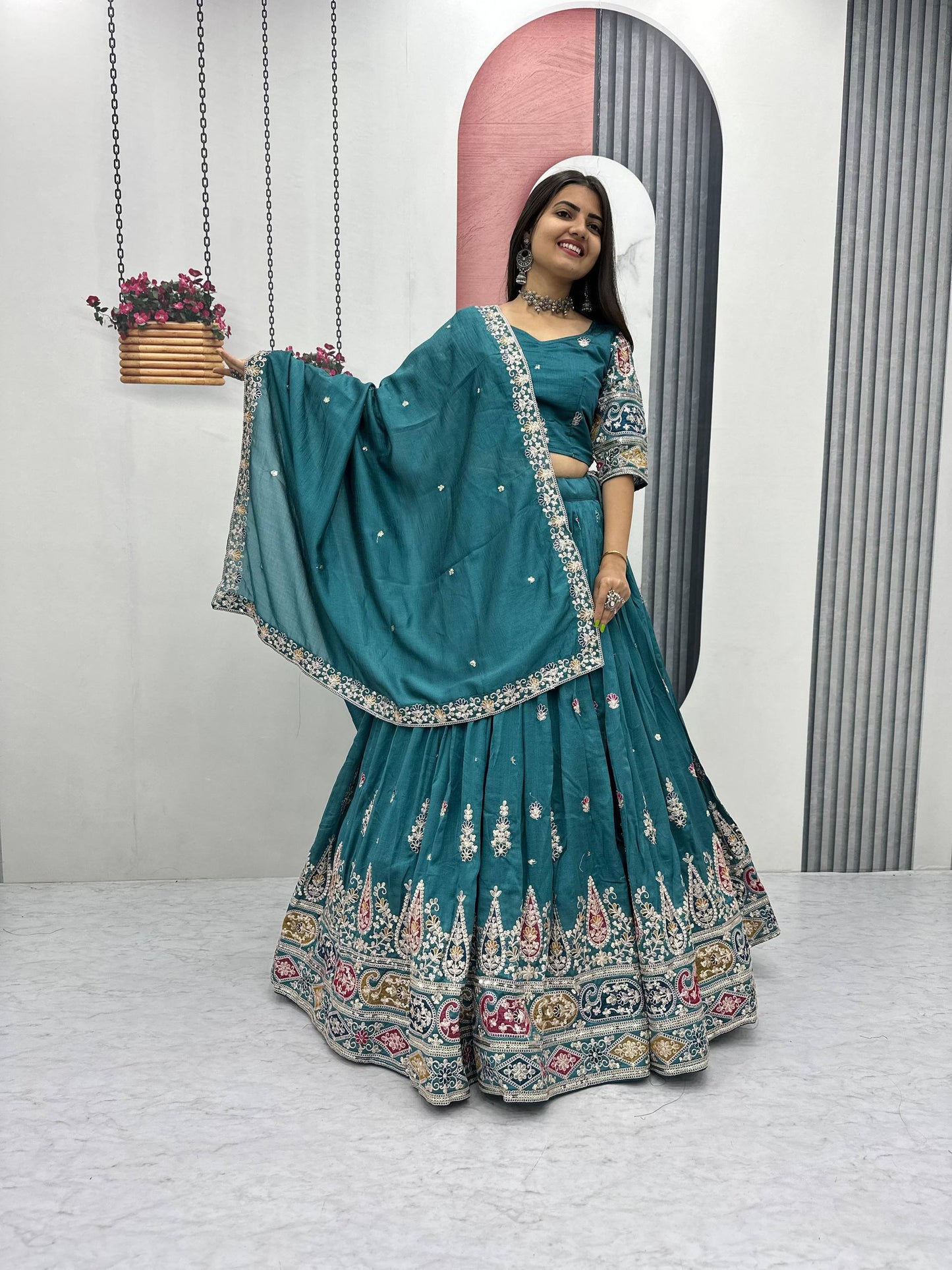 Festive Turquoise Silk Lehenga Choli with Dupatta