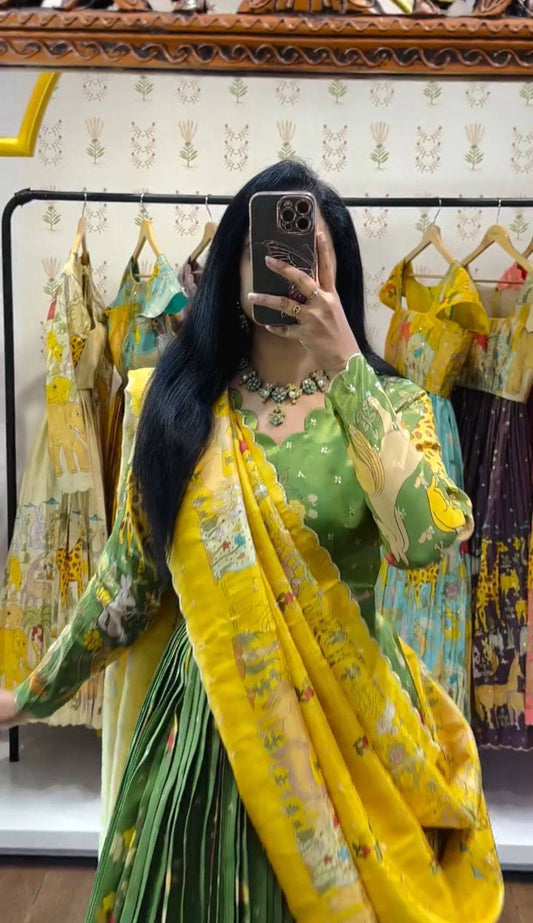 Leaf Green Kalamkari Cotton Lehenga Choli