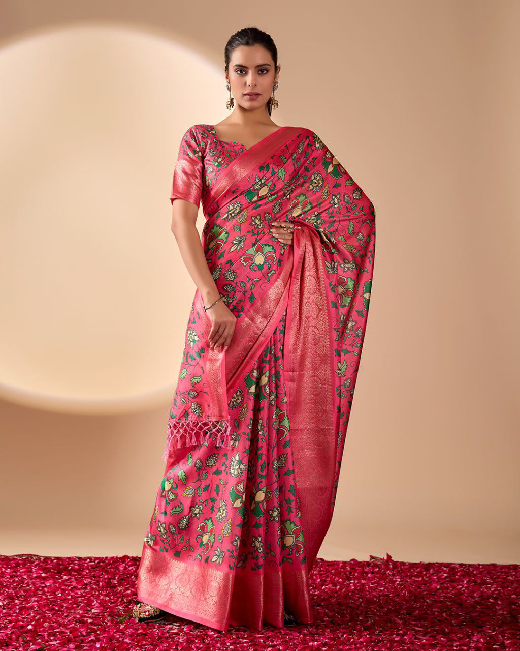 Pink Lichi Silk saree with Floral Patterns