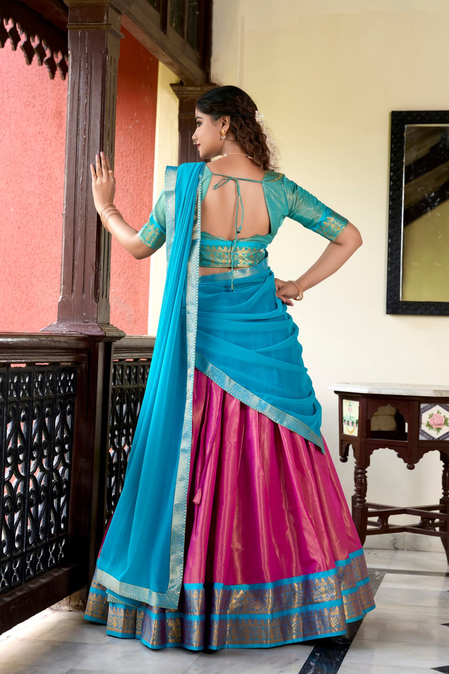 Blue Traditional Kanchipuram Lehenga choli.