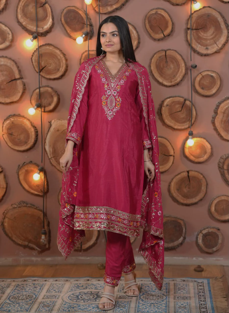 Designer Embroidered Chinon Suit With Multi Sequence Embroidered Work