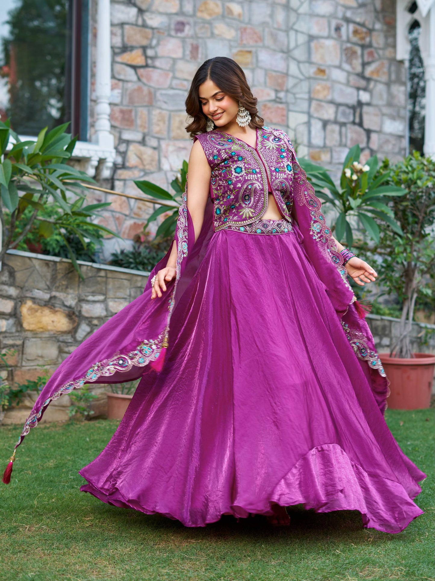 Pure Fendy Silk Lehenga Set in Wine Color