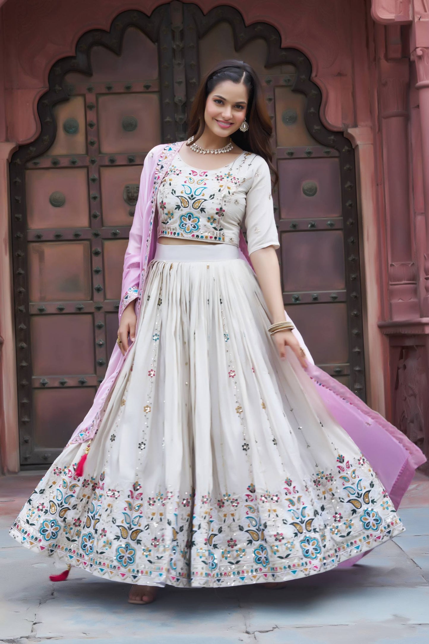 Festive Pure Tissue Silk Lehenga Choli with Light Pink Dupatta
