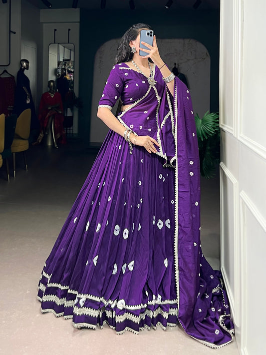 Purple Pure Chanderi Bandhej Print Lehenga Choli