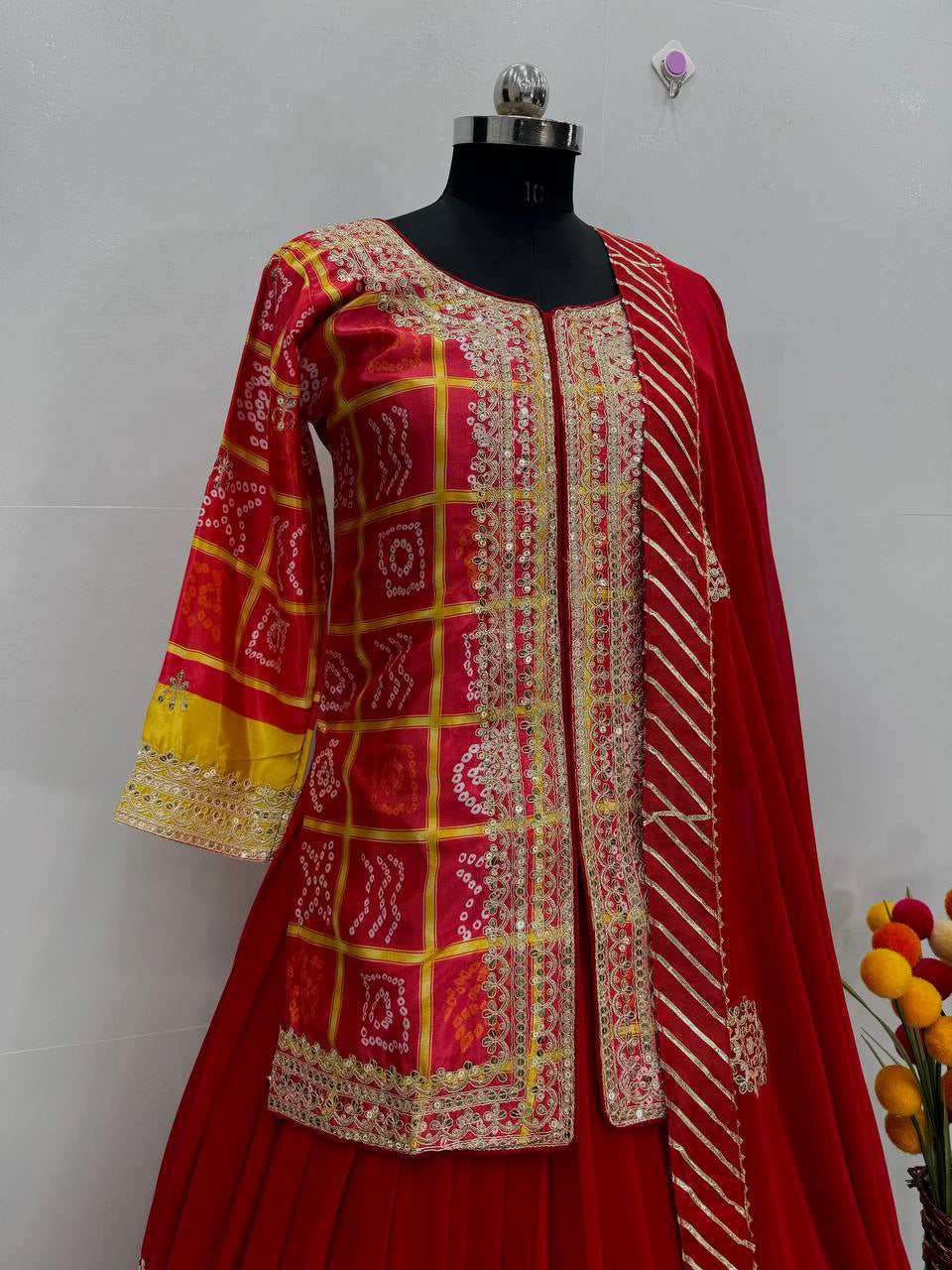 RED DESIGNER WEAR  HEAVY CHINON EMBROIDERY CODING SEQUENCE WORK TOP WITH LEHENGA