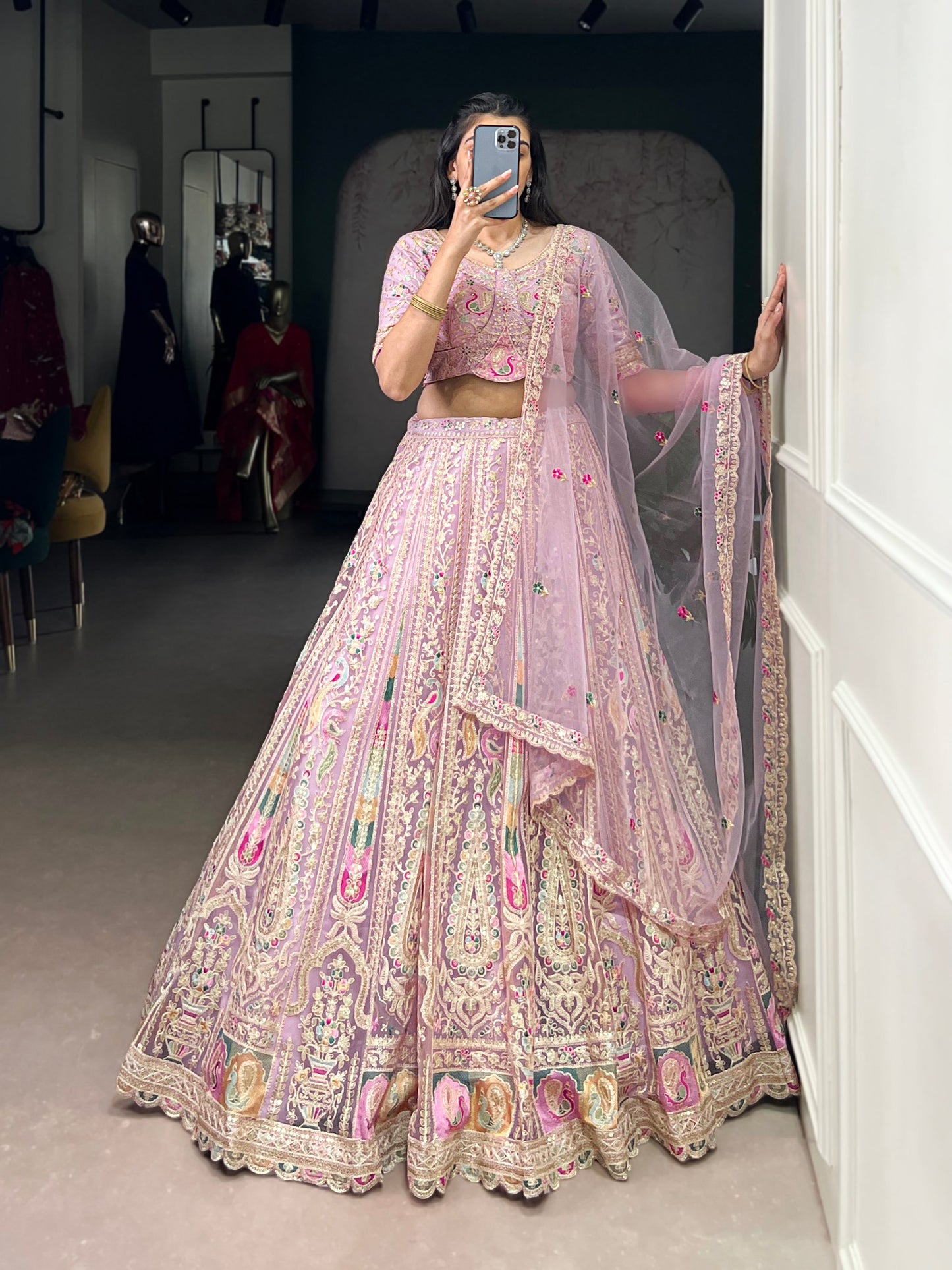Light Pink Sequins and Thread Embroidery WorkLehenga Choli
