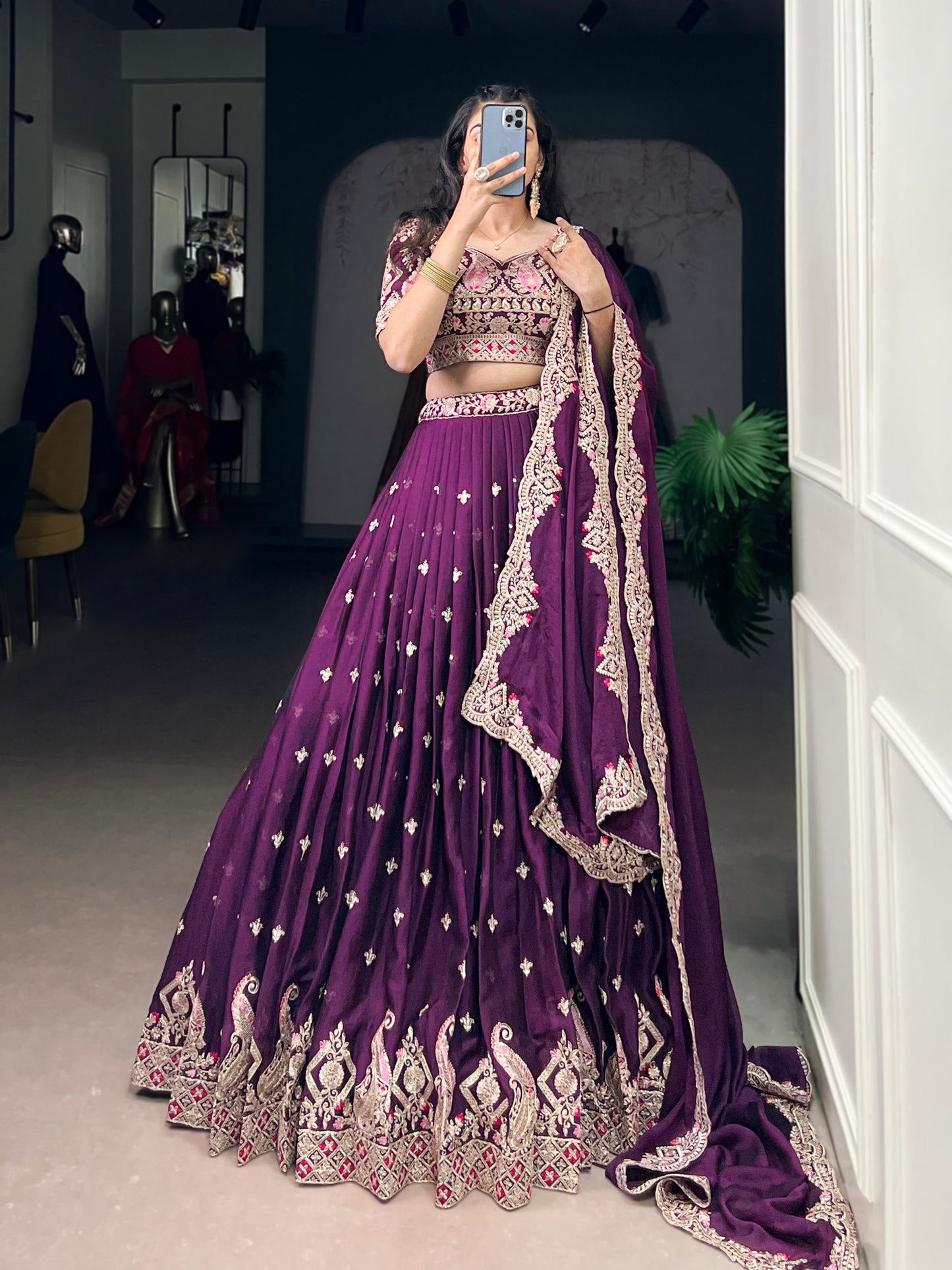 Wine Color Rangoli Crush Lehenga Choli Set