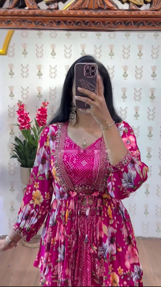 Pink Lehenga with Crop Top and Shrug