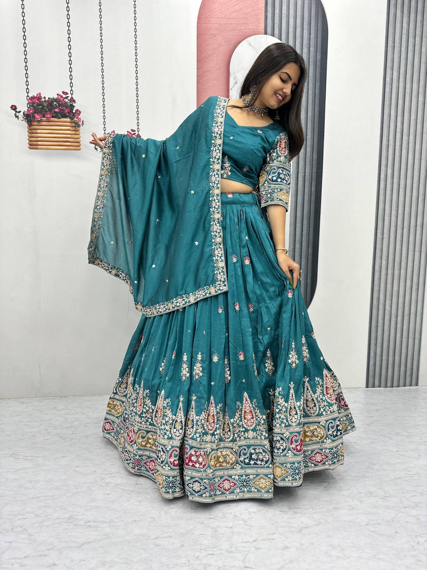 Festive Turquoise Silk Lehenga Choli with Dupatta