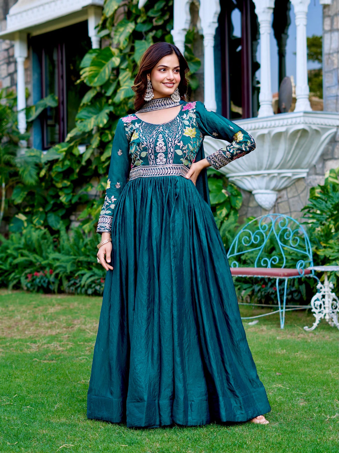 Turquoise Color Heavy Thread Work Silk Gown with Dupatta