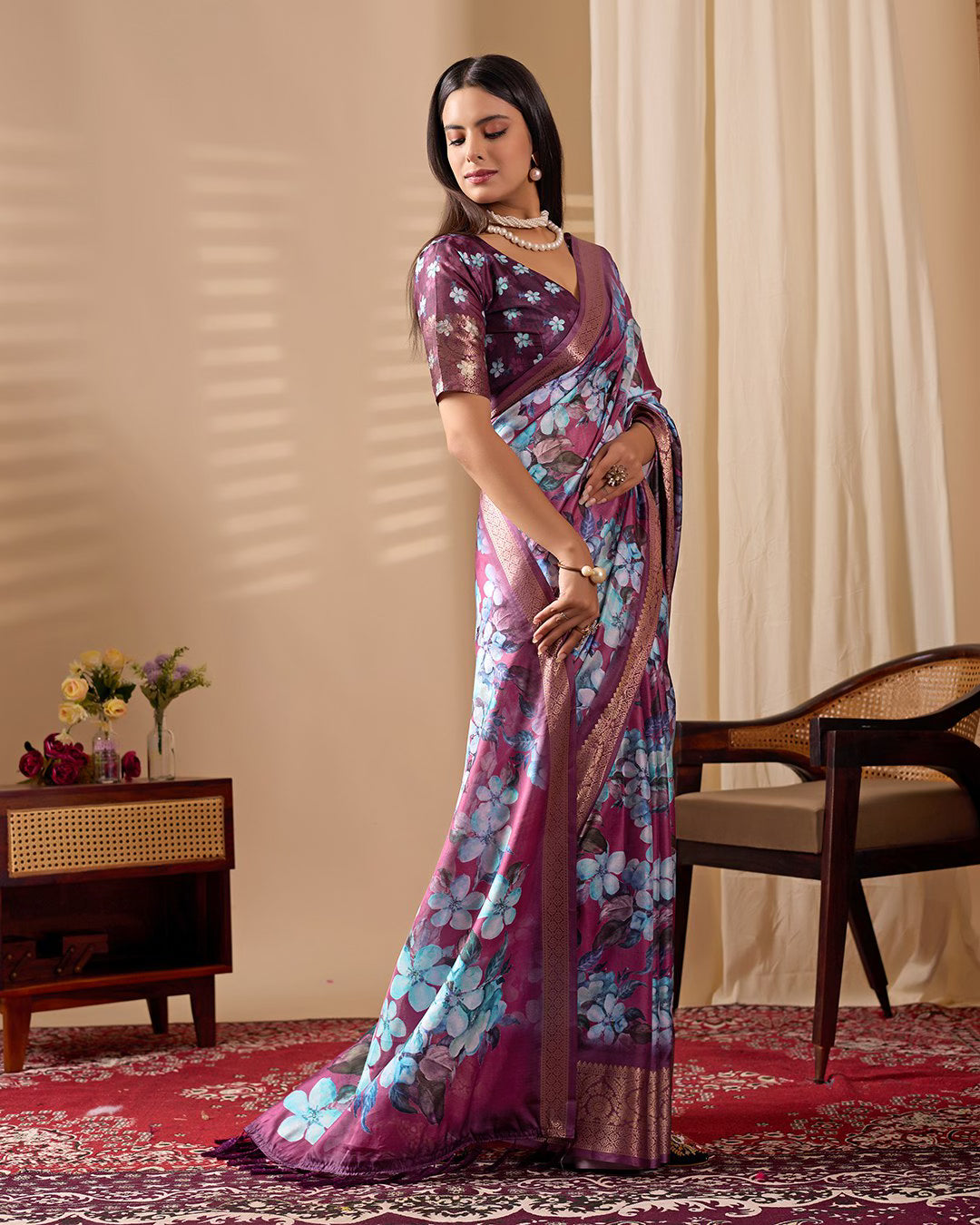 Soft Lichi Silk Saree Beautifully Enhanced With Large Blooming Floral Prints