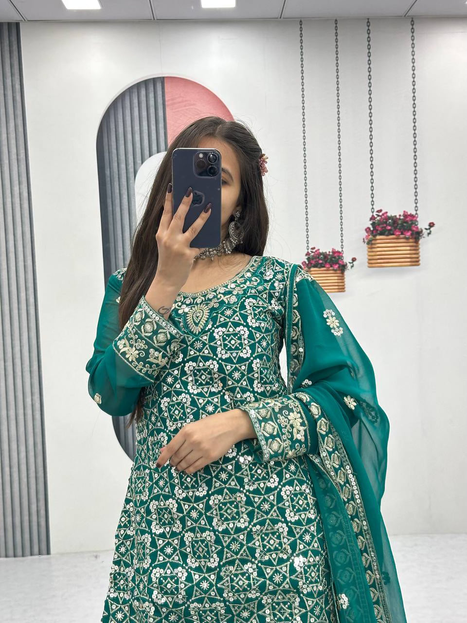 Aqua Green Designer Party Wear Tunic Sharara & Dupatta Set