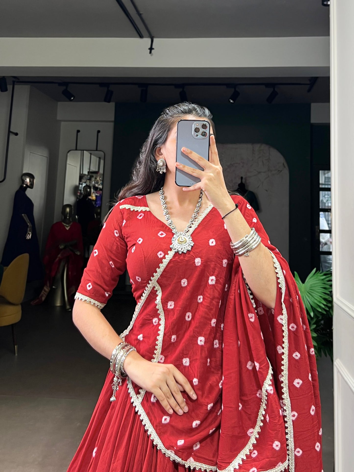 Deep Red Pure Chanderi Bandhej Print Lehenga Choli