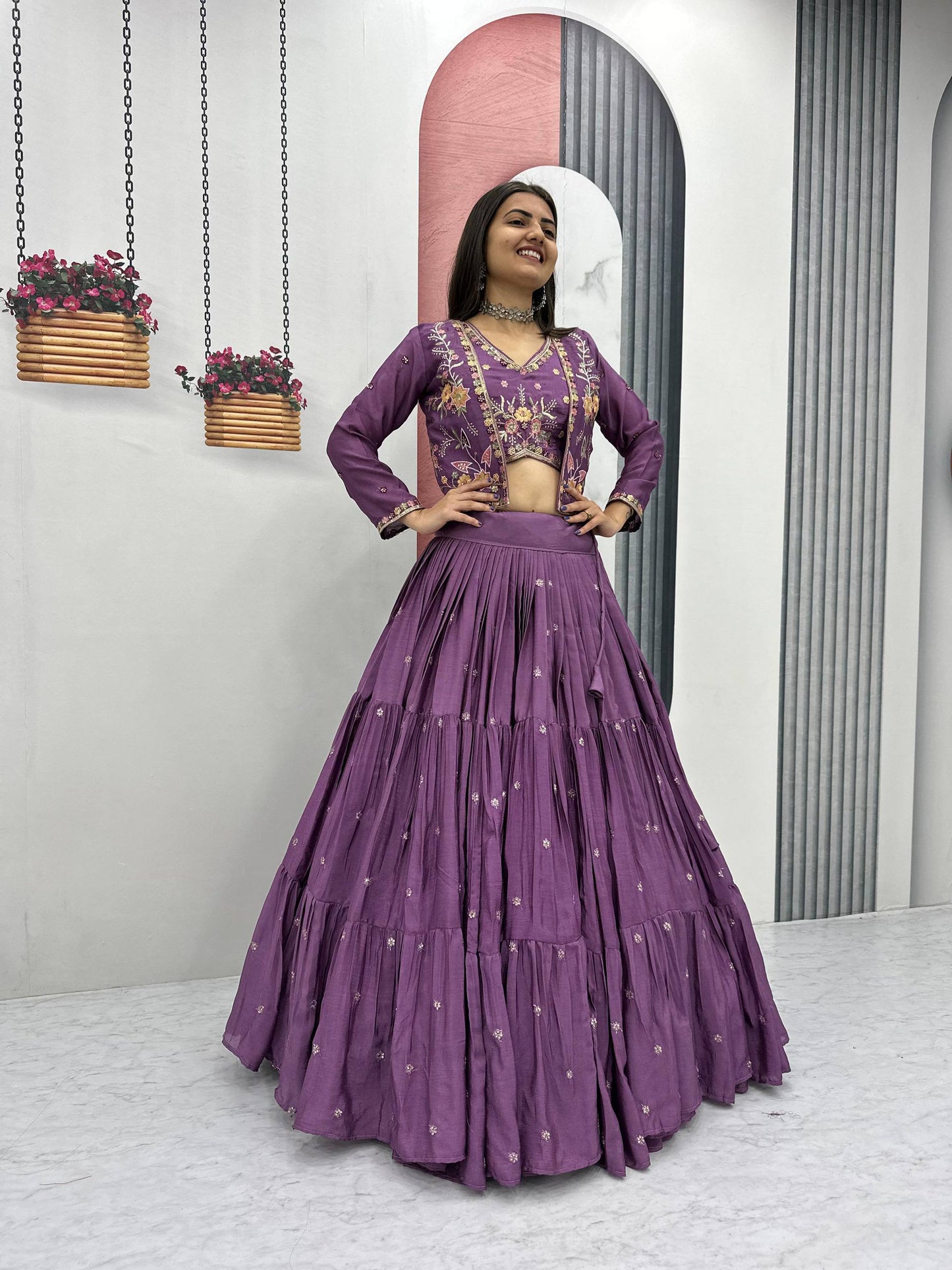 Purple Embroidered Lehenga choli with Jacket