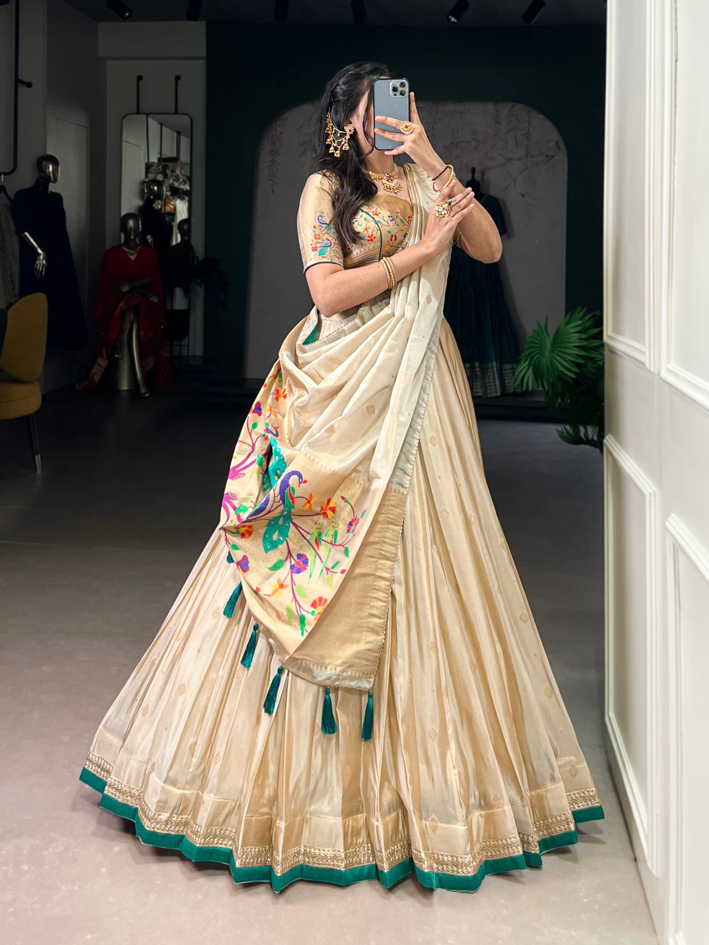 Ivory Shimmer Lehenga Choli With Paithani Zari Weave Work
