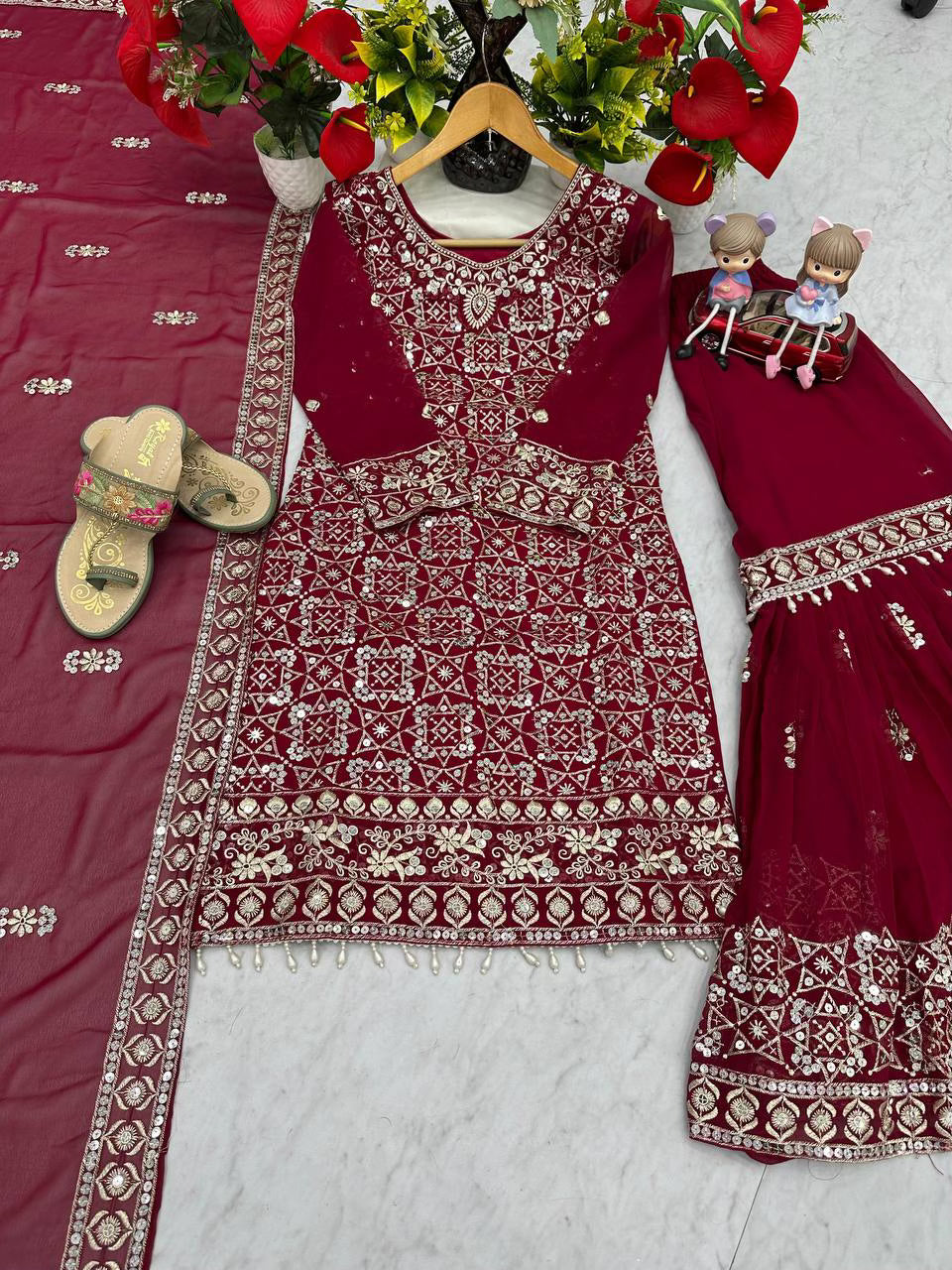 Maroon Georgette Sharara Dupatta Set