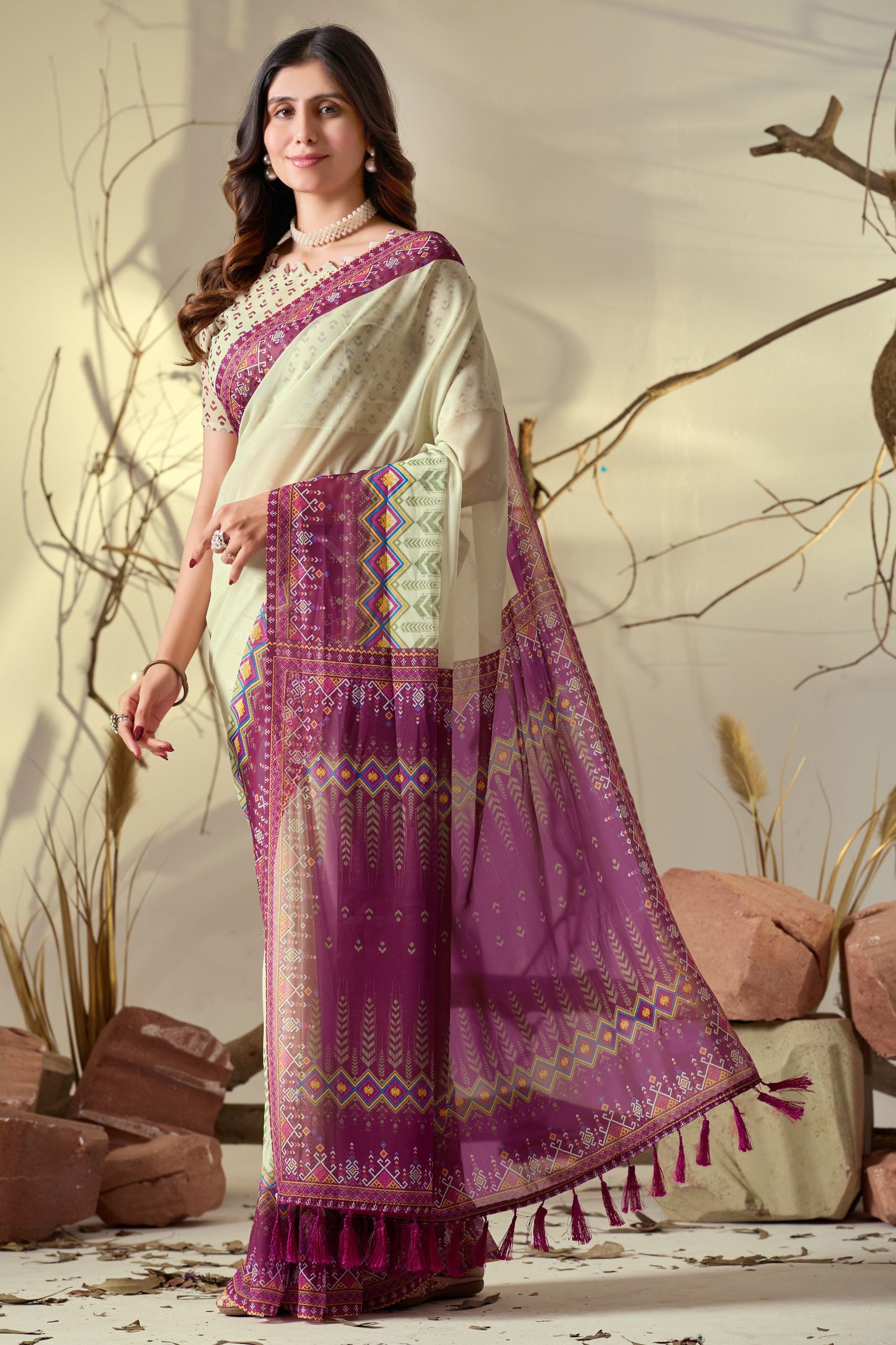 Soft Georgette Saree With Artistic Cream Body and Tassel Detailing