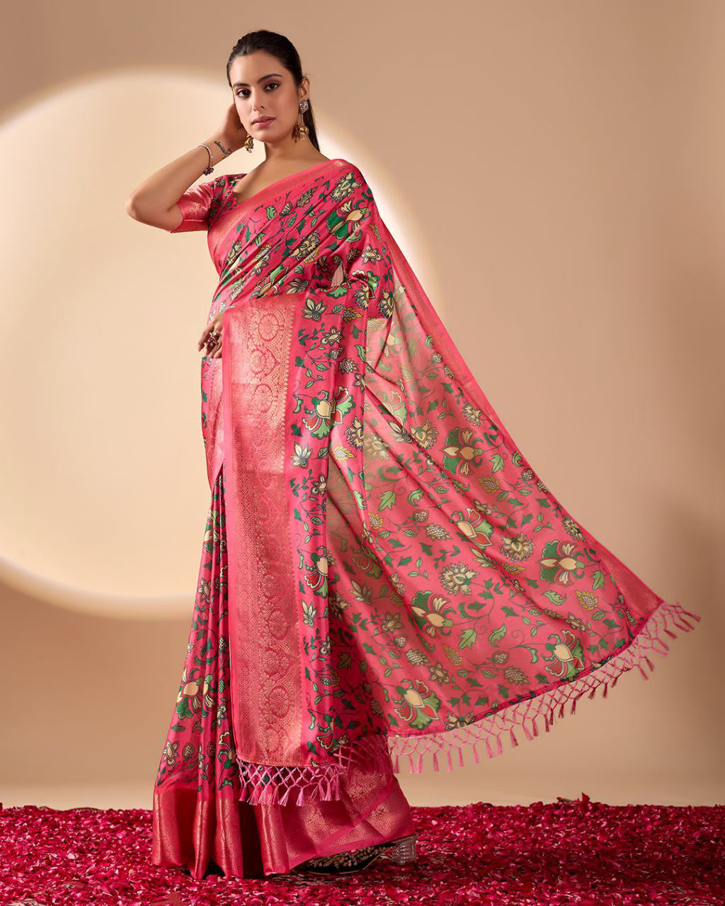 Pink Lichi Silk saree with Floral Patterns