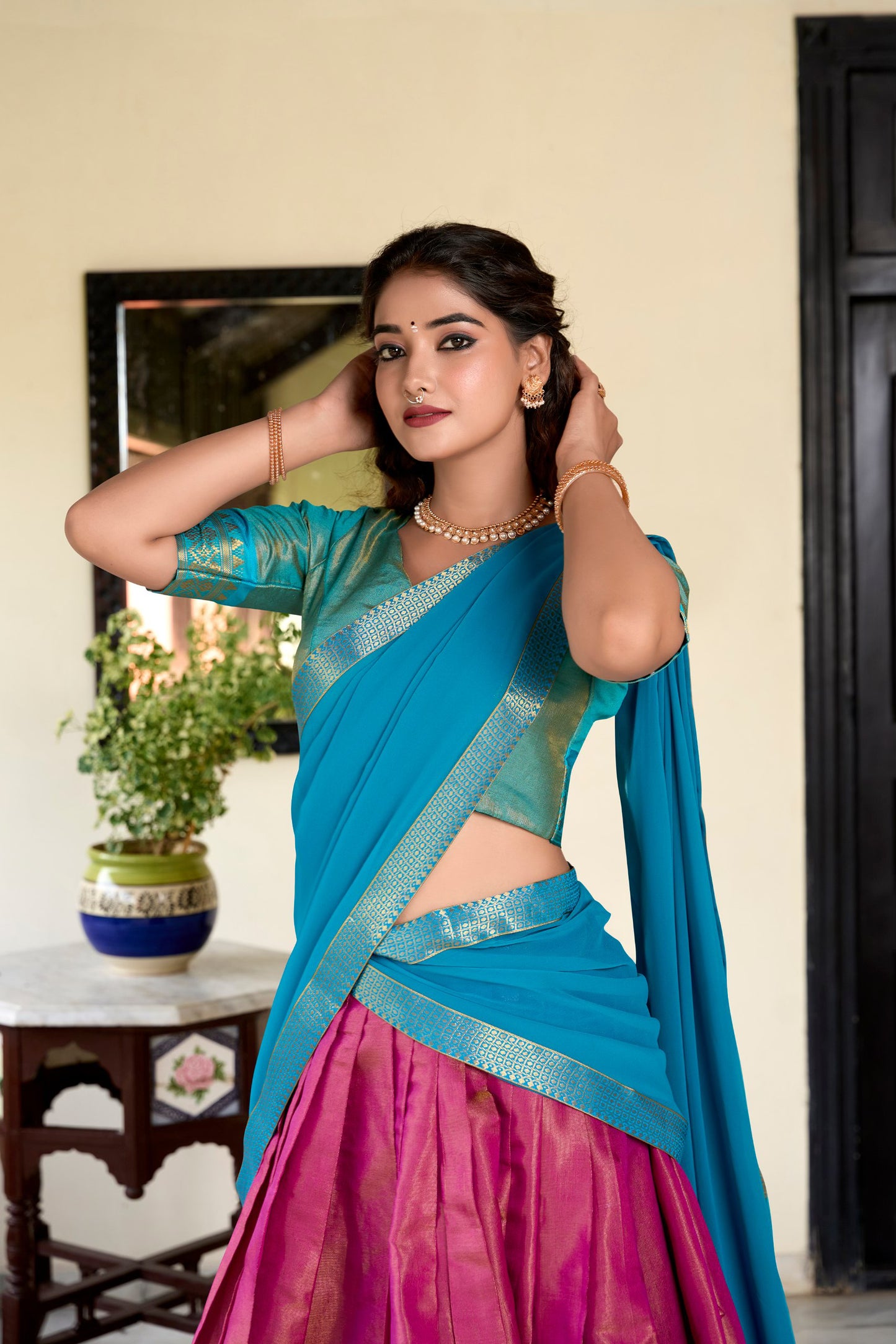 Blue Traditional Kanchipuram Lehenga choli.