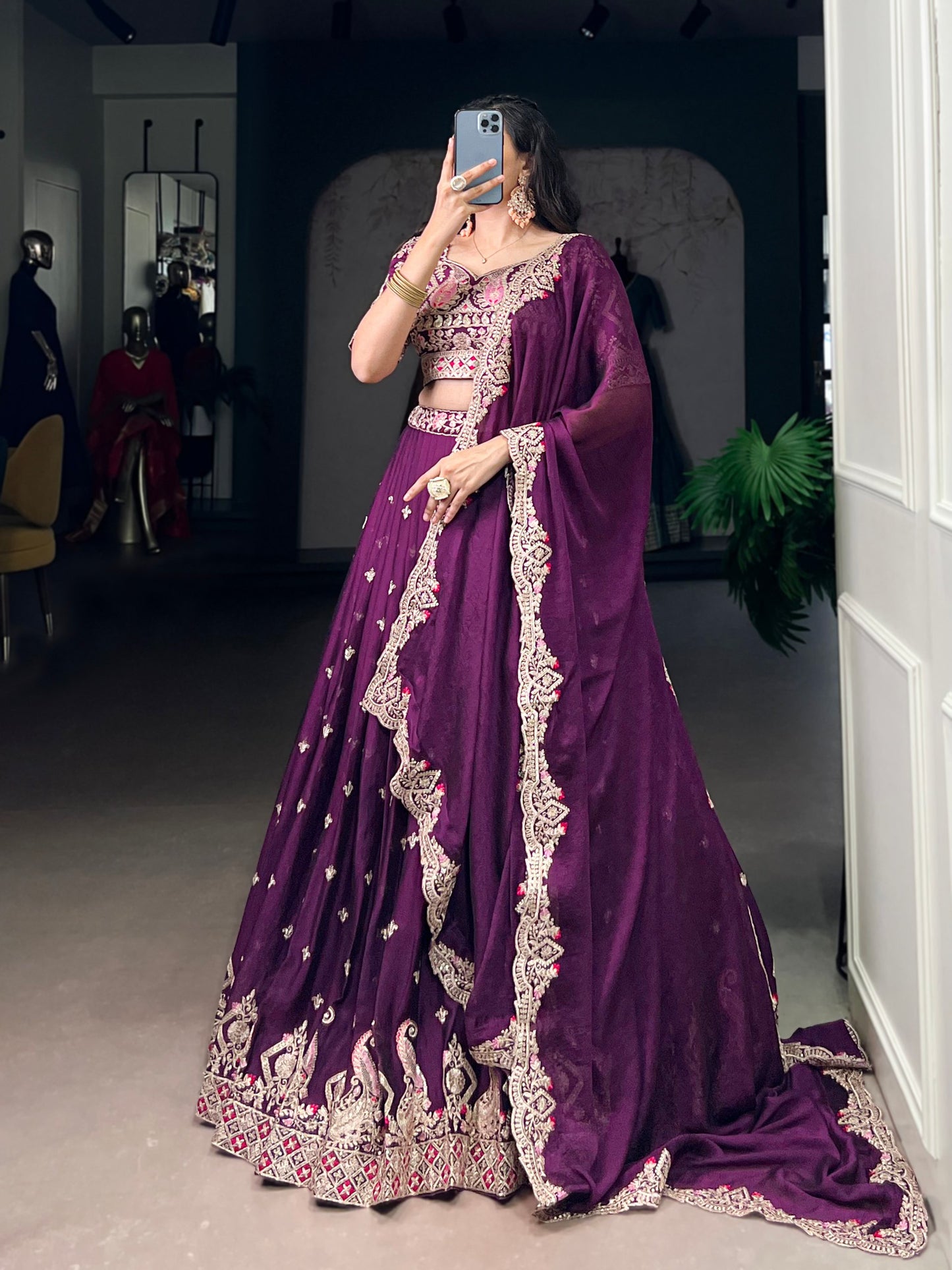Wine Color Rangoli Crush Lehenga Choli Set