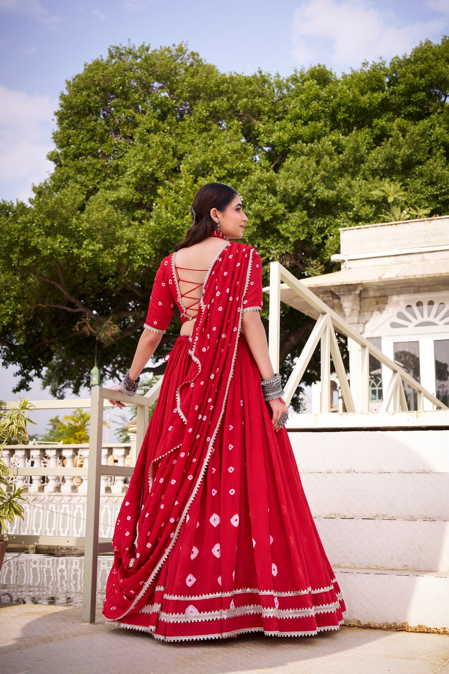 Red Pure Chanderi Bandhej Print Lehenga Choli