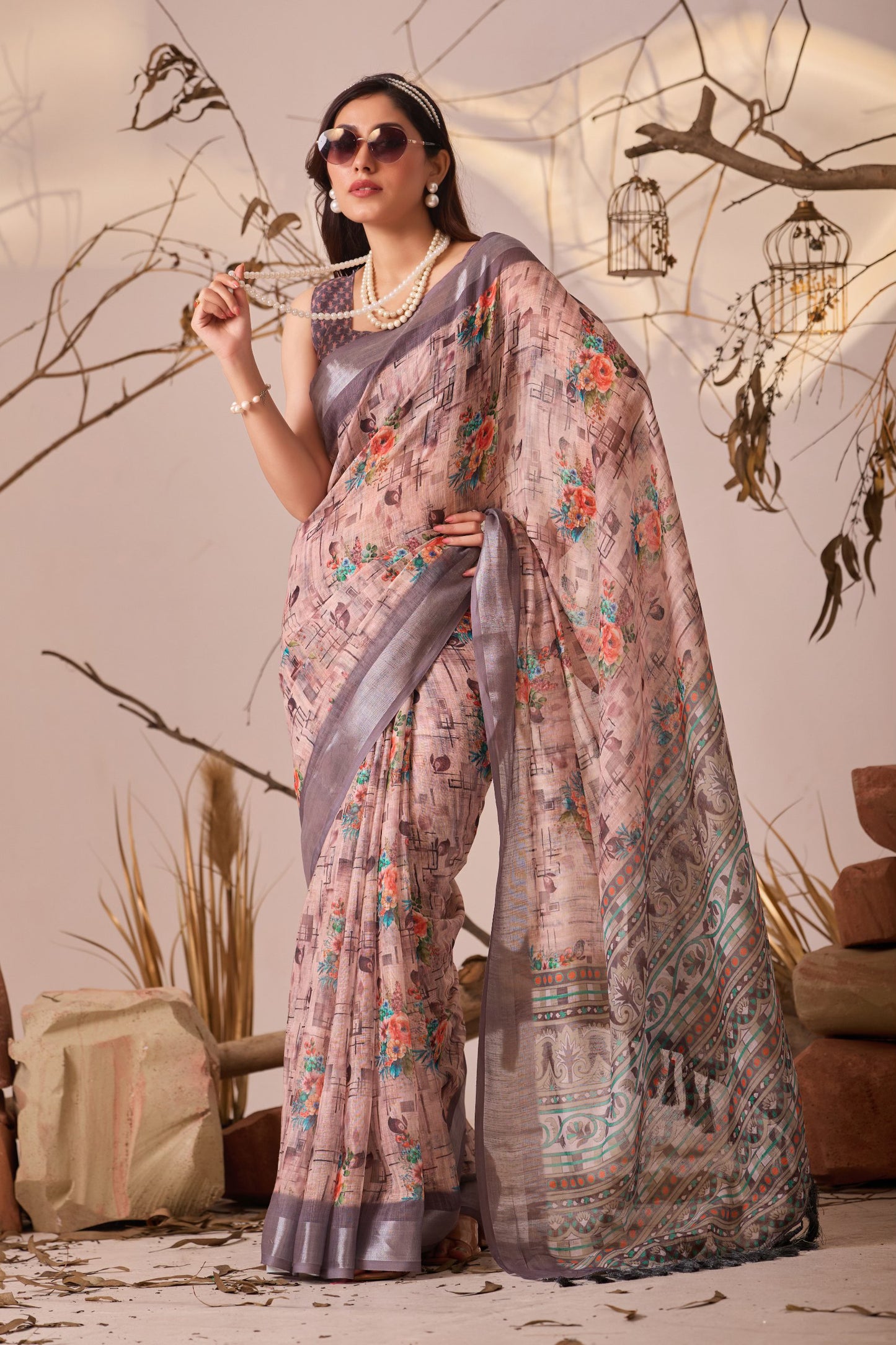 Elegant Digital Floral & Geometric Print Premium Linen Cotton Saree