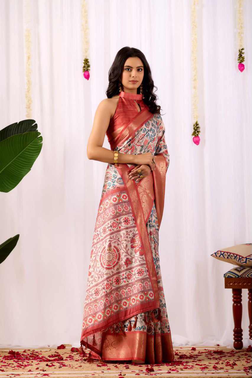 Traditional Soft Lichi Silk Saree With Elegant Patola Prints