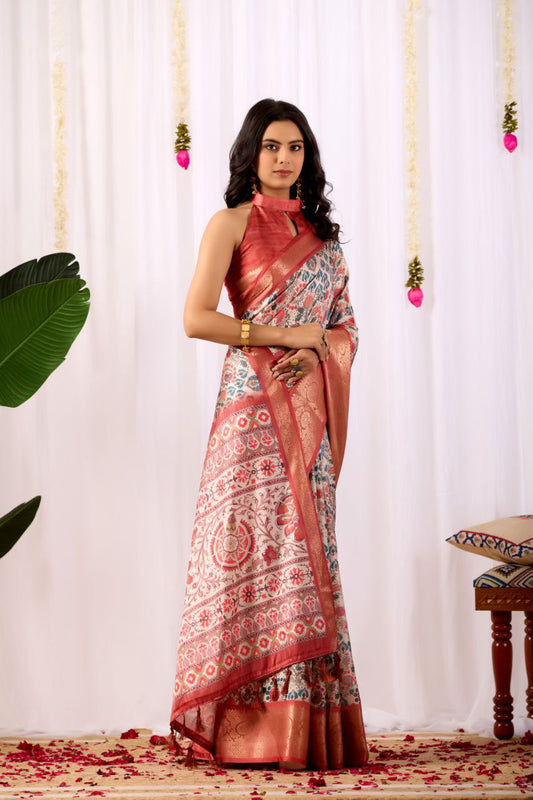 Traditional Soft Lichi Silk Saree With Elegant Patola Prints