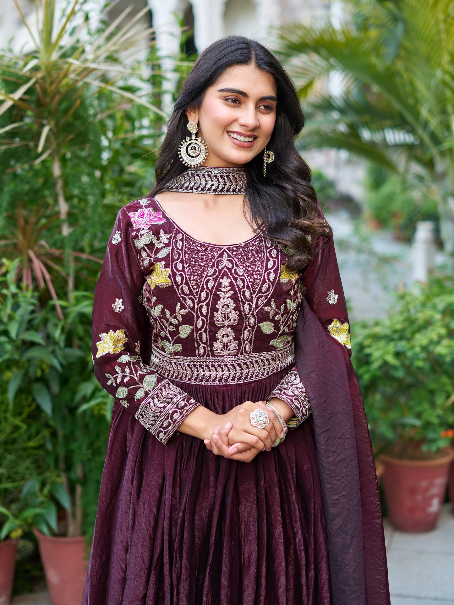 Maroon Silk Festive Long Gown & Dupatta