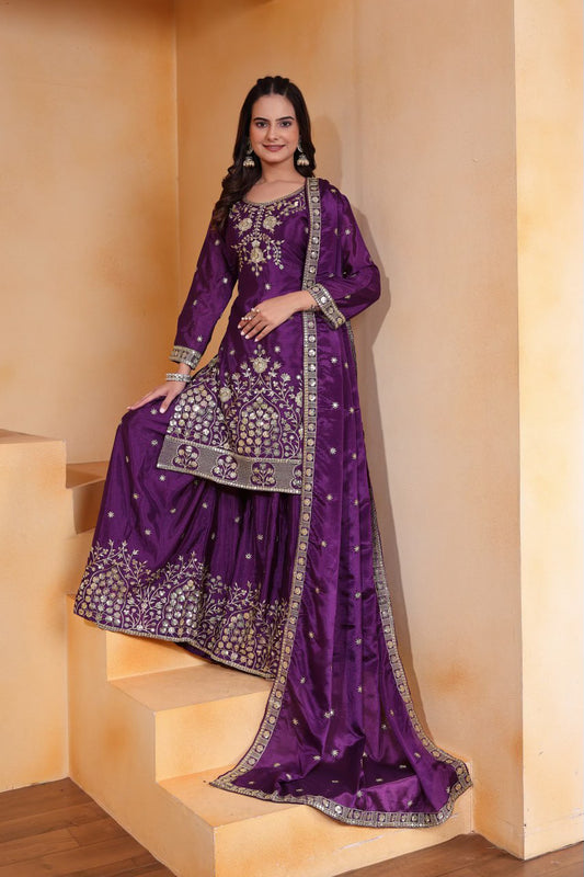 Designer Embroidered Chinon Sharara Suit With Sequence Embroidered Work