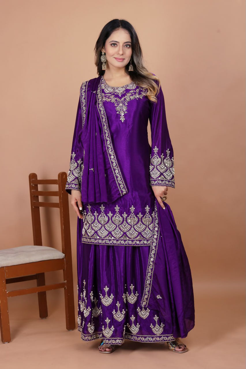 Designer Embroidered Chinon Sharara Suit With Coding Sequence Embroidered Work And Rivet Moti Work