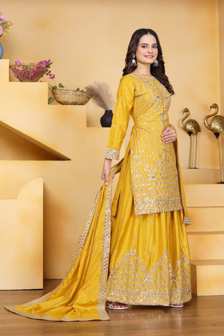 Designer Embroidered Natural Crep Sharara Suit