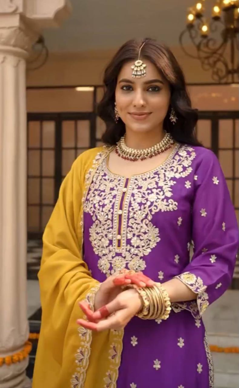 Purple Heavy Embroidered  Silk Top Palazzo & Dupatta Set