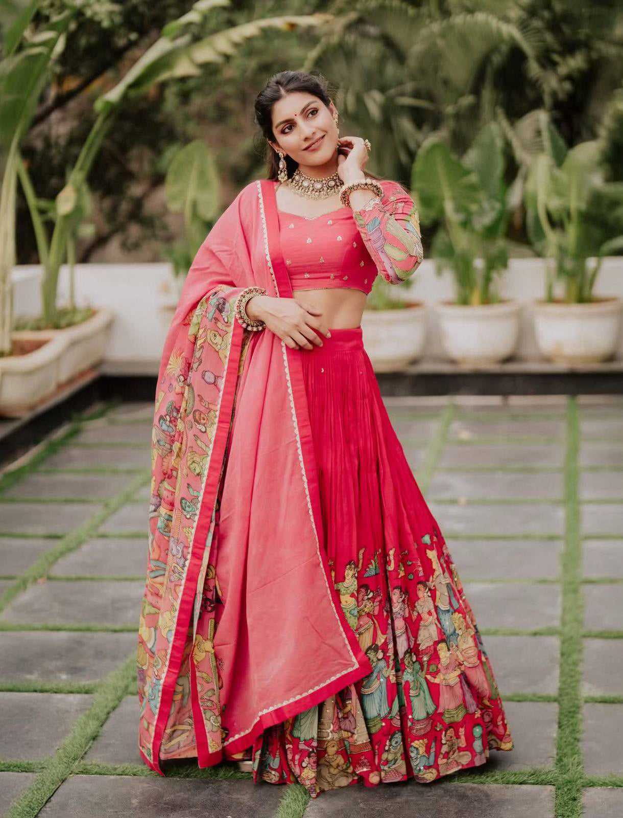 Florescent Pink Festive Kalamkari Lehenga Choli