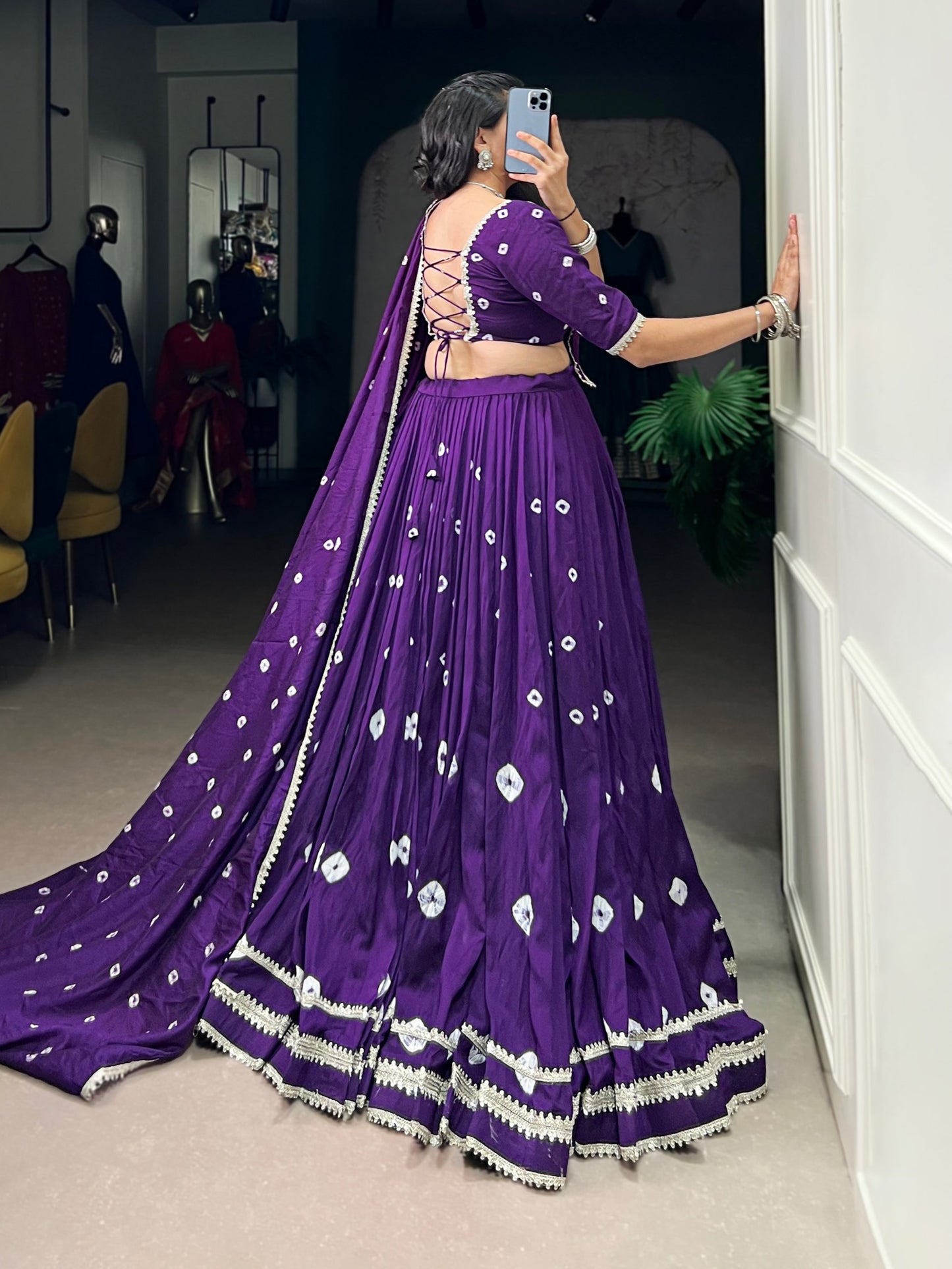 Purple Pure Chanderi Bandhej Print Lehenga Choli