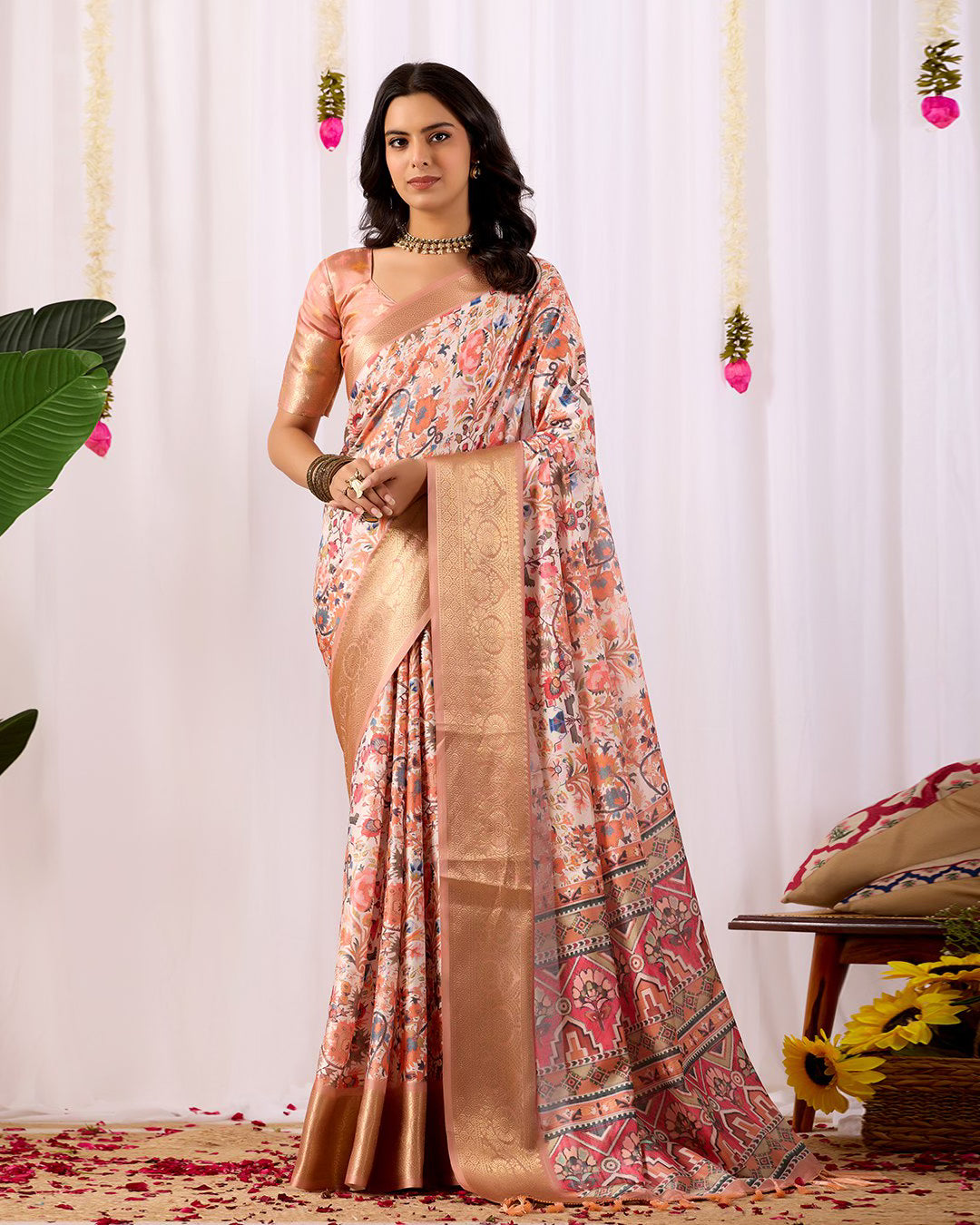 Premium Beige Floral Soft Silk Saree
