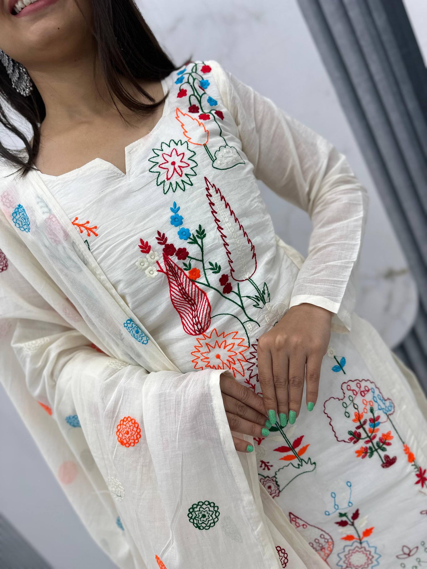 White Embroidered Party Wear Kurti Pant Pair