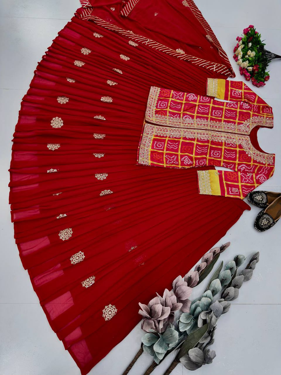 RED DESIGNER WEAR  HEAVY CHINON EMBROIDERY CODING SEQUENCE WORK TOP WITH LEHENGA