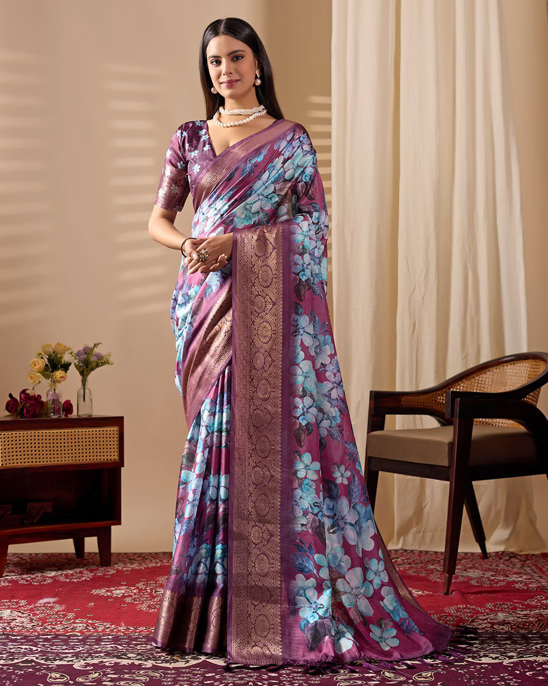 Soft Lichi Silk Saree Beautifully Enhanced With Large Blooming Floral Prints