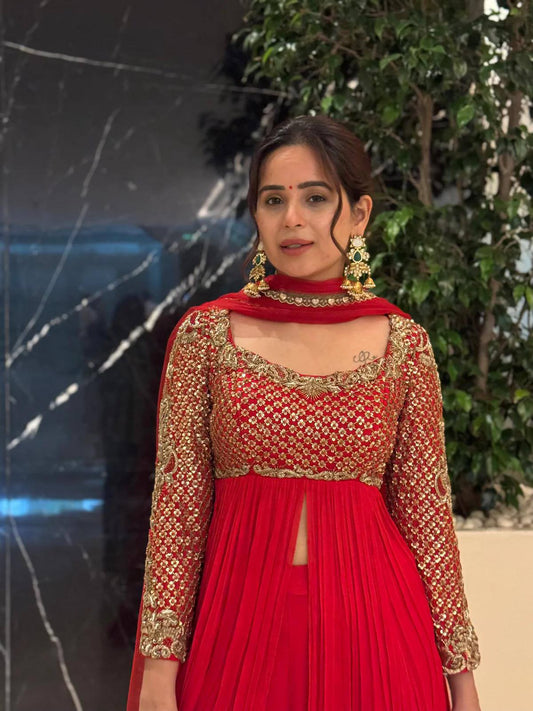 Royal Red color Kediya Style Georgette Sharara set paired with a dreamy Georgette dupatta