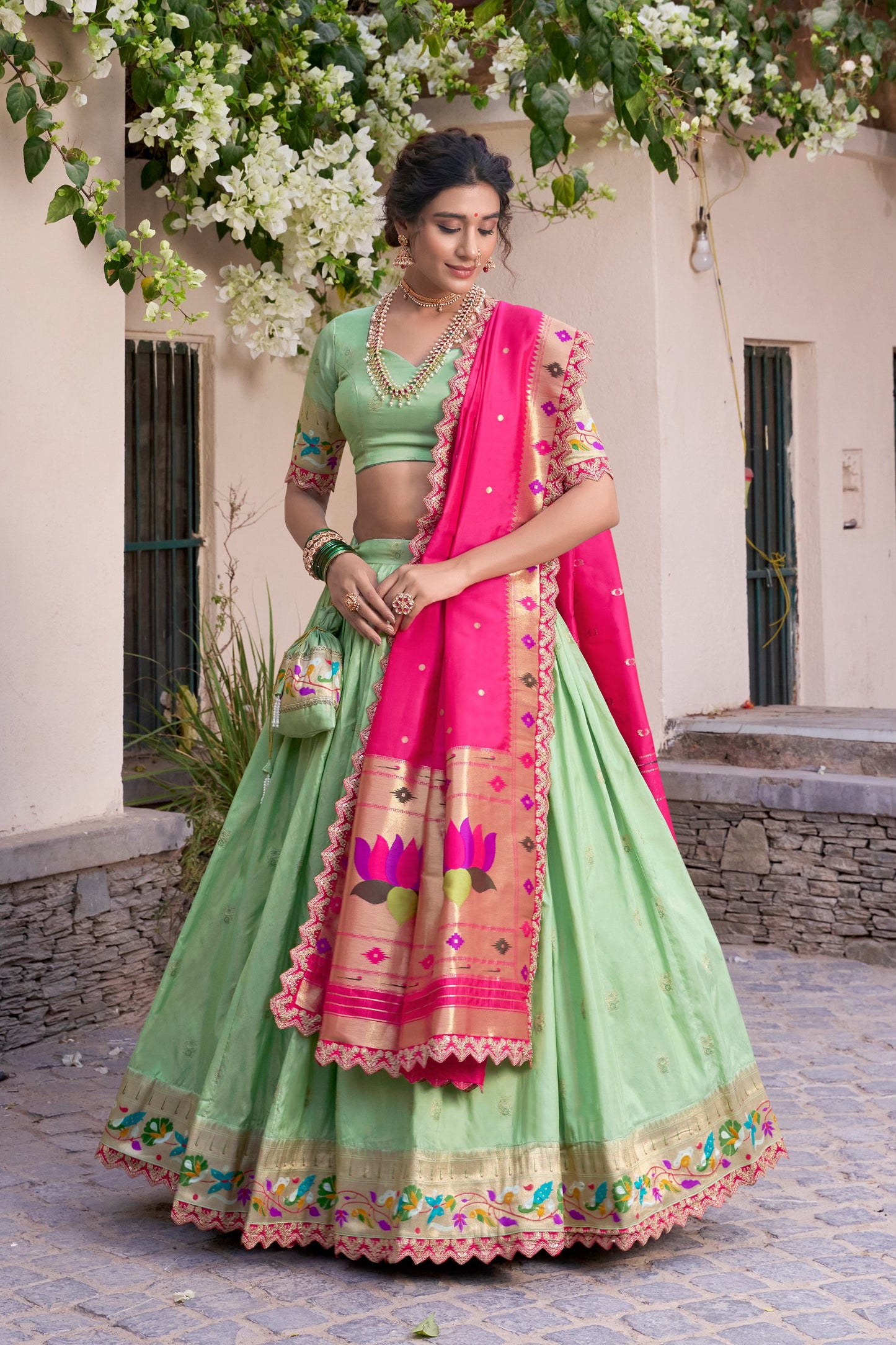 Mint Green Jacuard Silk Paithani Lehenga Choli