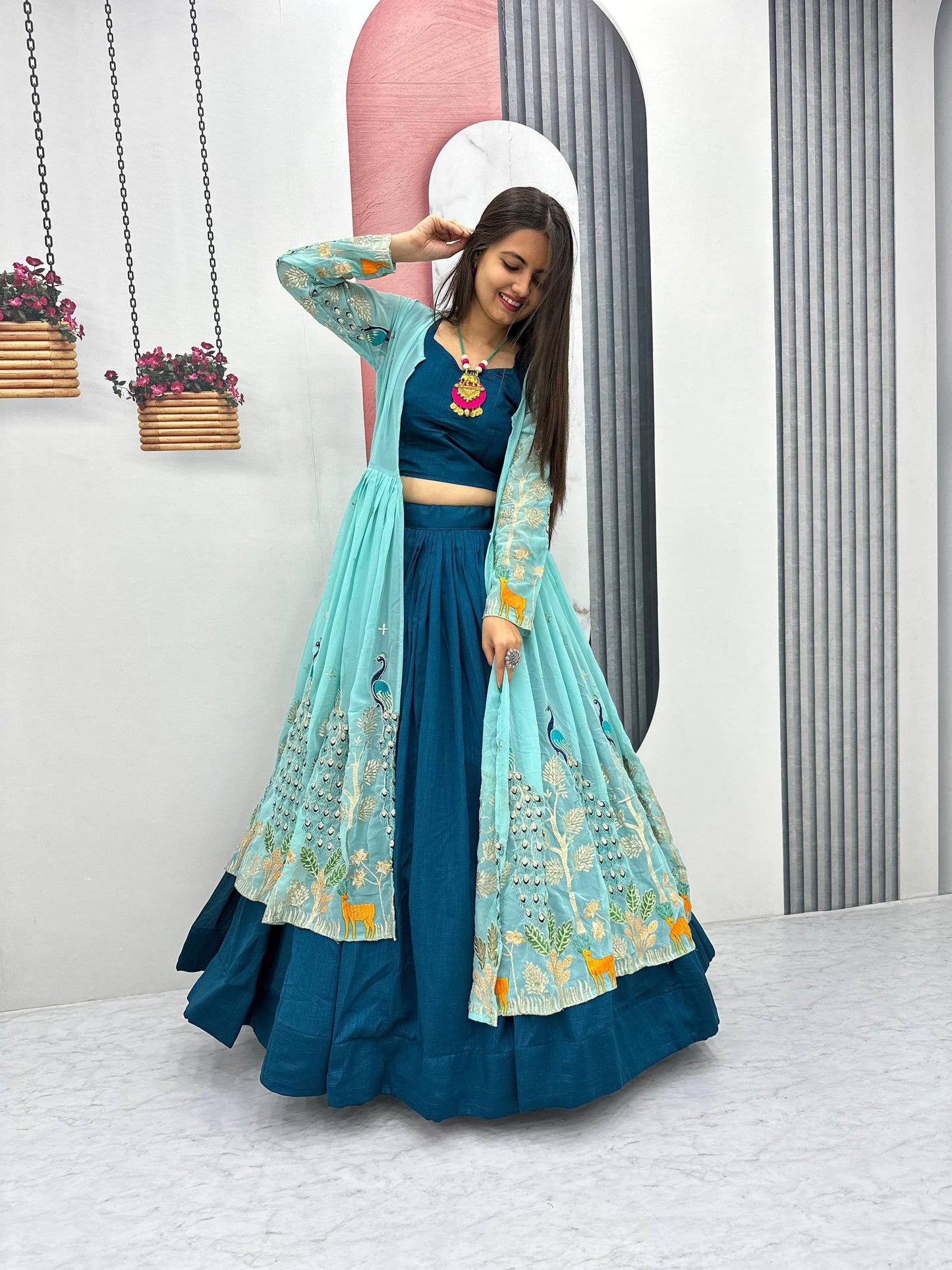 Silk Lehenga with a Crop Top and Shrug