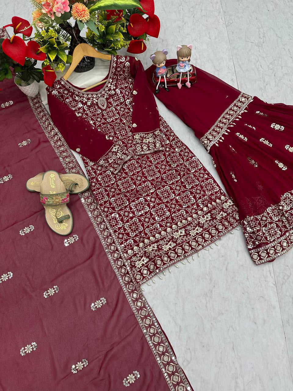 Maroon Georgette Sharara Dupatta Set